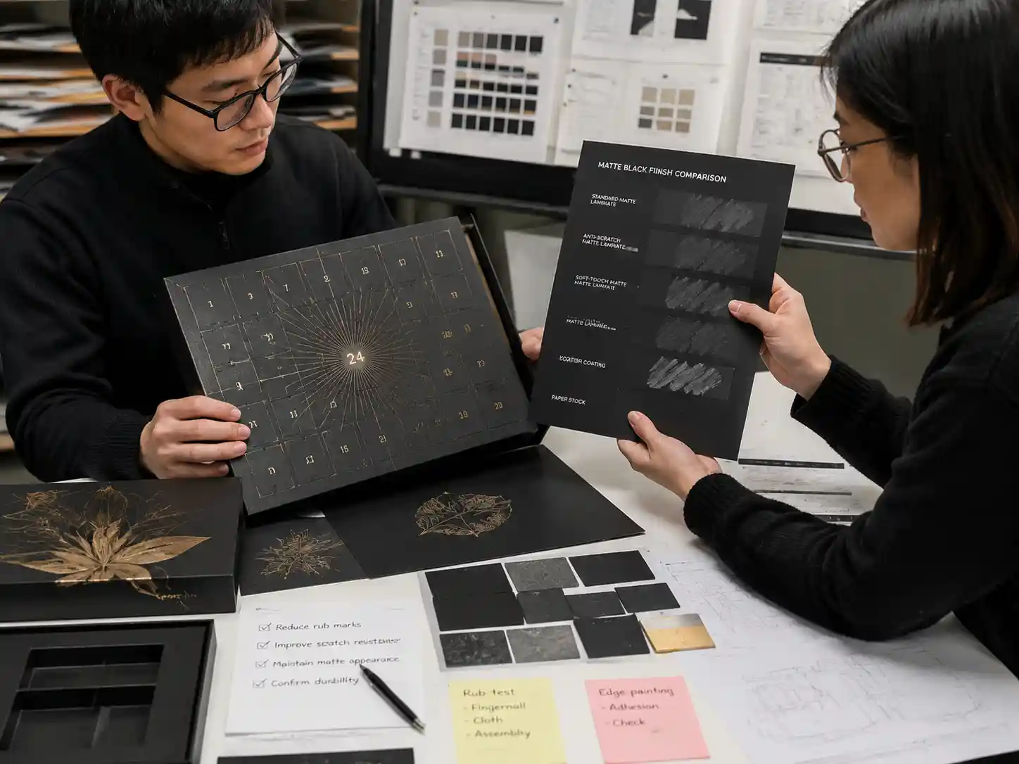 Packaging designers reviewing matte black packaging finishes and rub mark prevention samples with lamination, foil, embossing, and spot UV options.