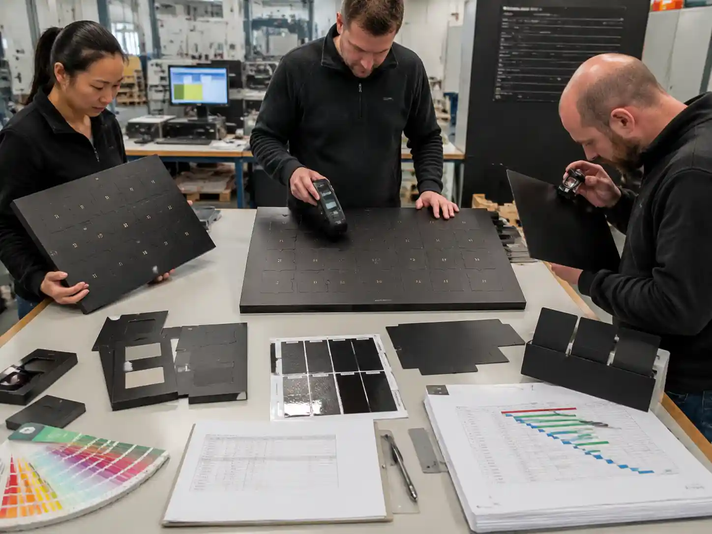 Packaging engineers testing matte black packaging surfaces for abrasion resistance and finish durability before production.