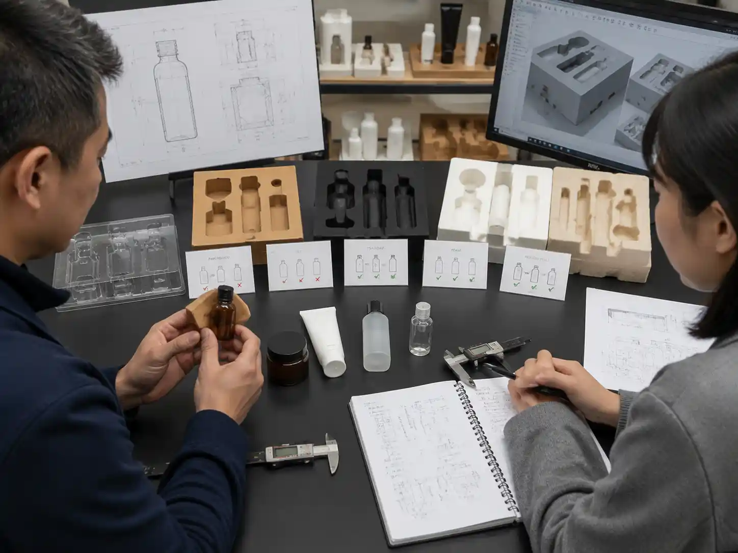 Packaging engineers reviewing mini bottle paper insert cavity designs and rotation prevention features