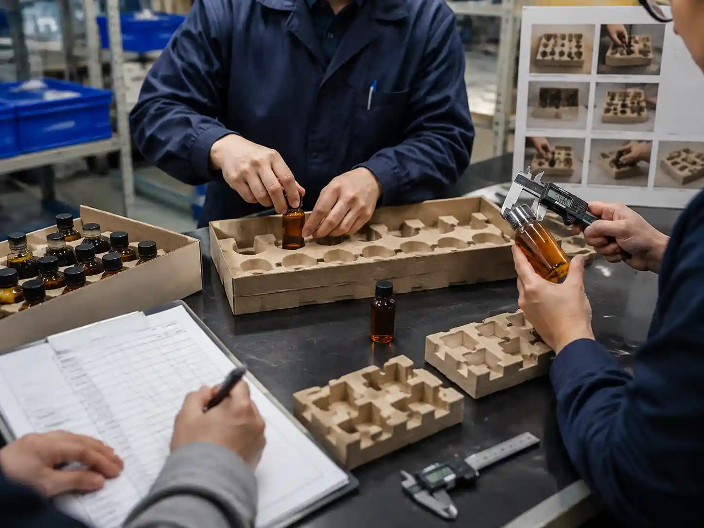 Technicians testing mini bottle retention and rotation resistance inside prototype paperboard inserts