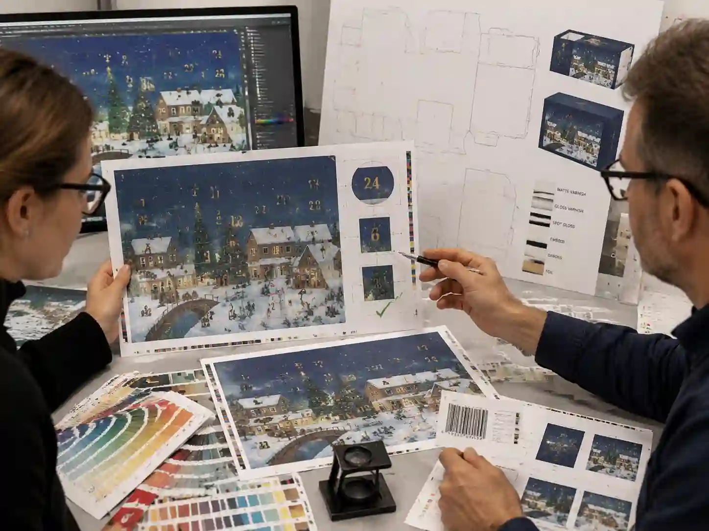 Packaging designers reviewing numbered door artwork safe area placement with dielines and print proofs.