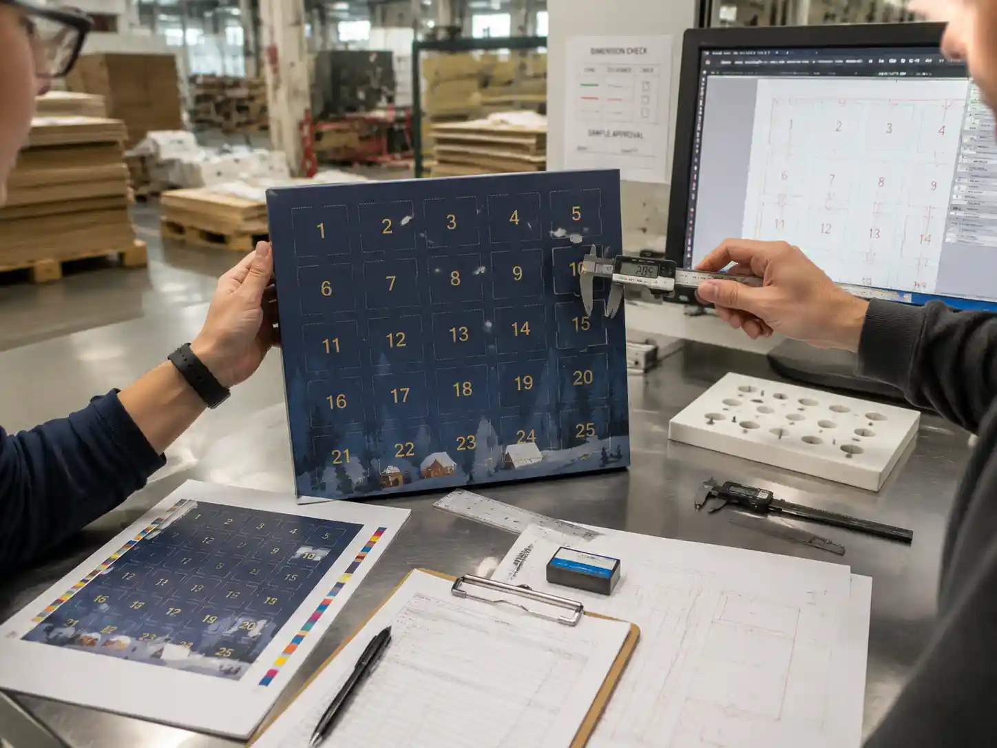 Packaging engineers checking printed samples and door tolerance measurements for numbered calendar artwork.