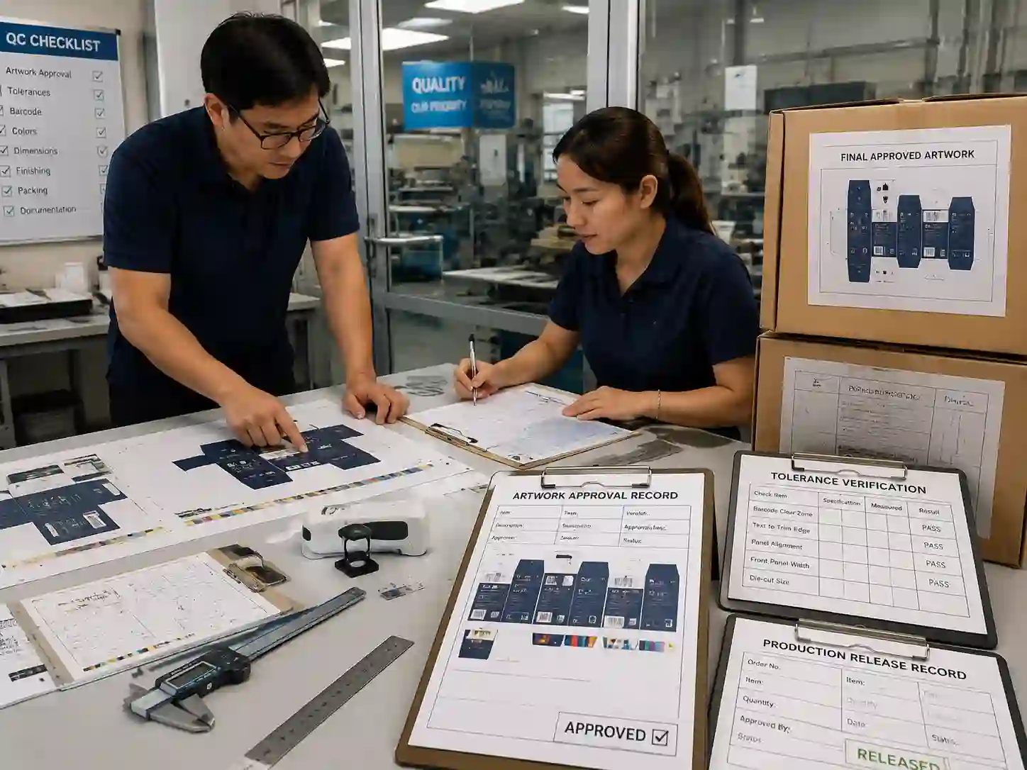 QC team verifying approved numbered door artwork records and production inspection documents.