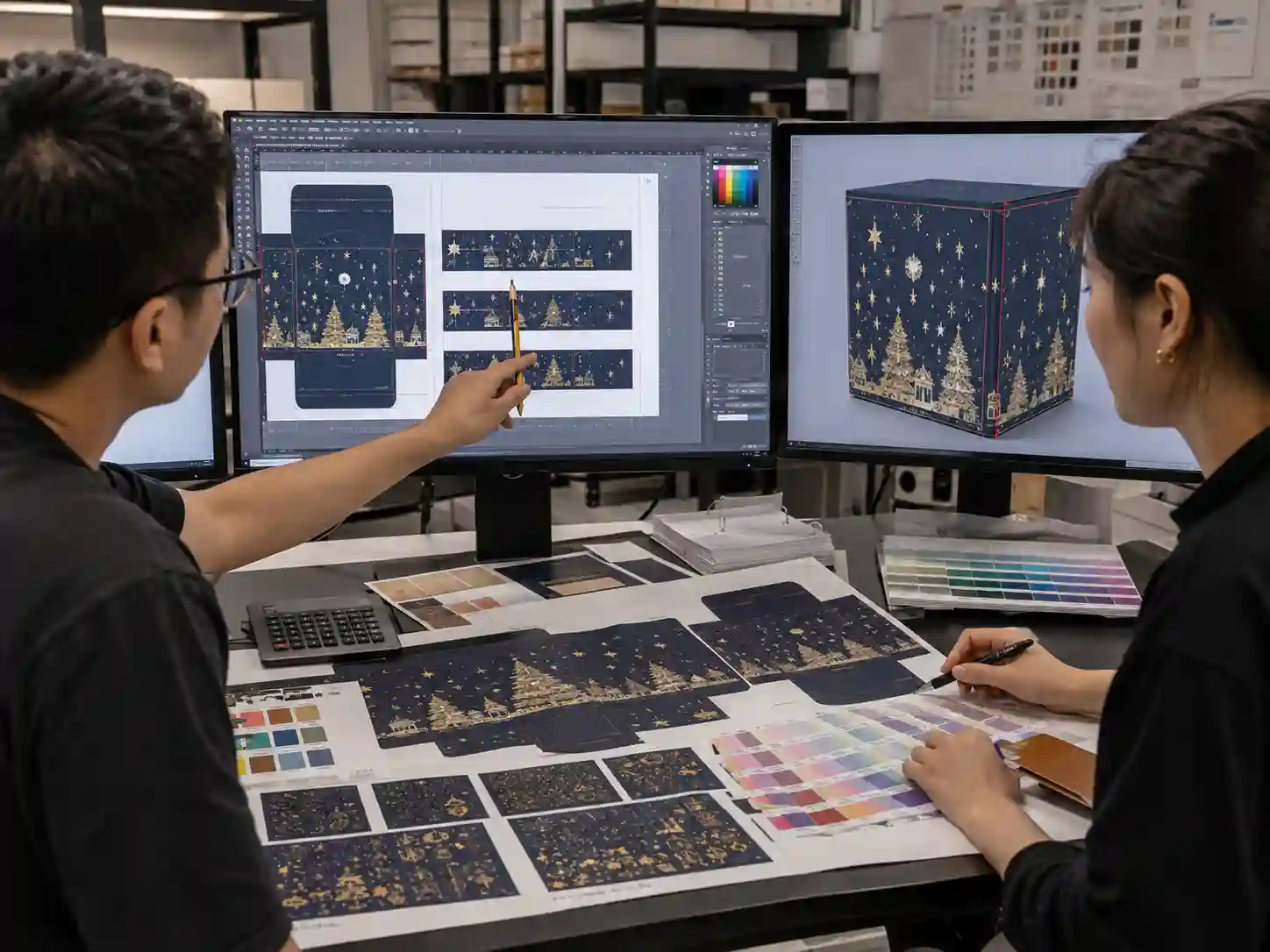 Packaging designers reviewing wrapped box edge pattern alignment before production approval.