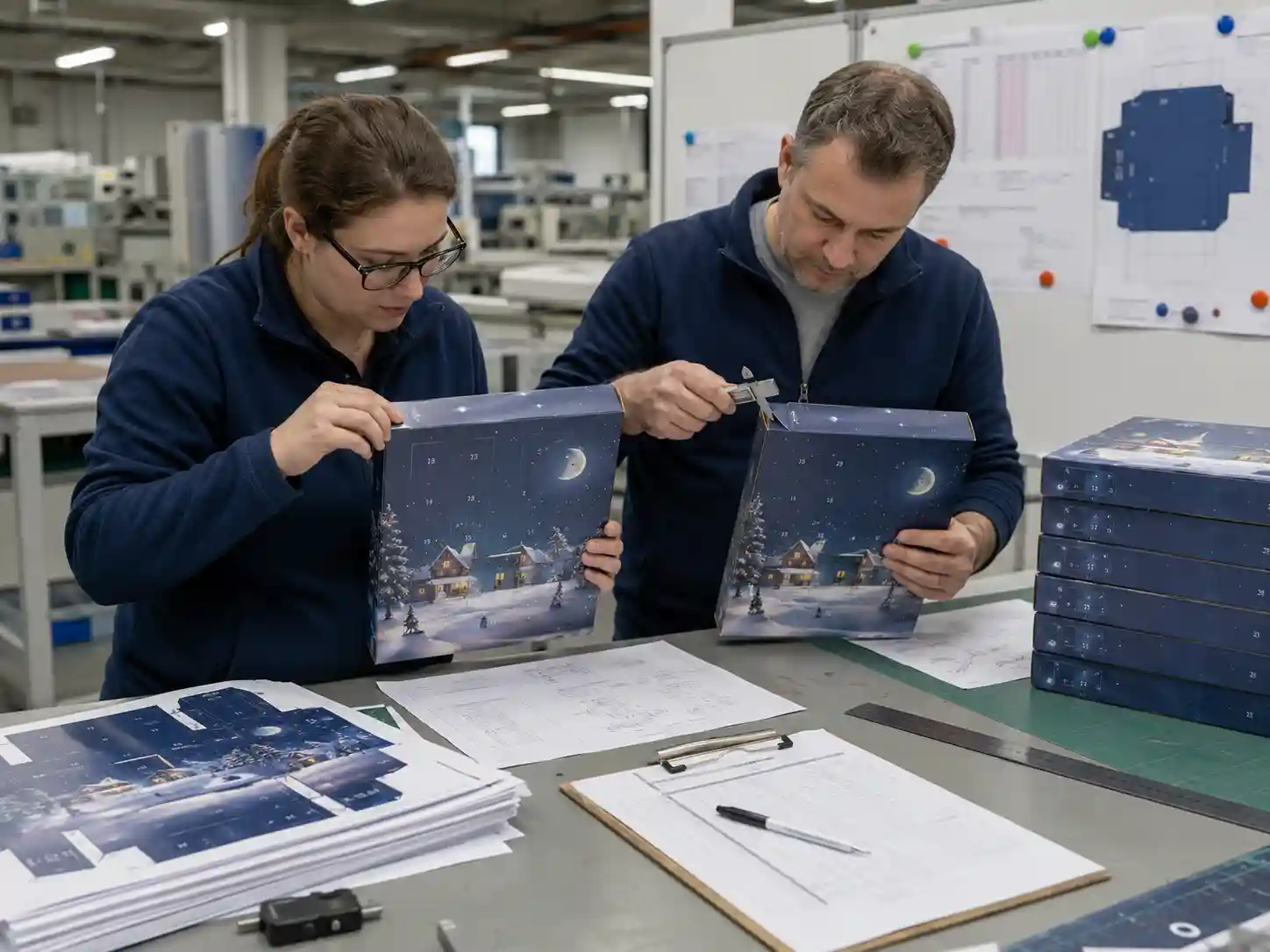 Packaging engineers validating wrapped edge pattern alignment on production samples.