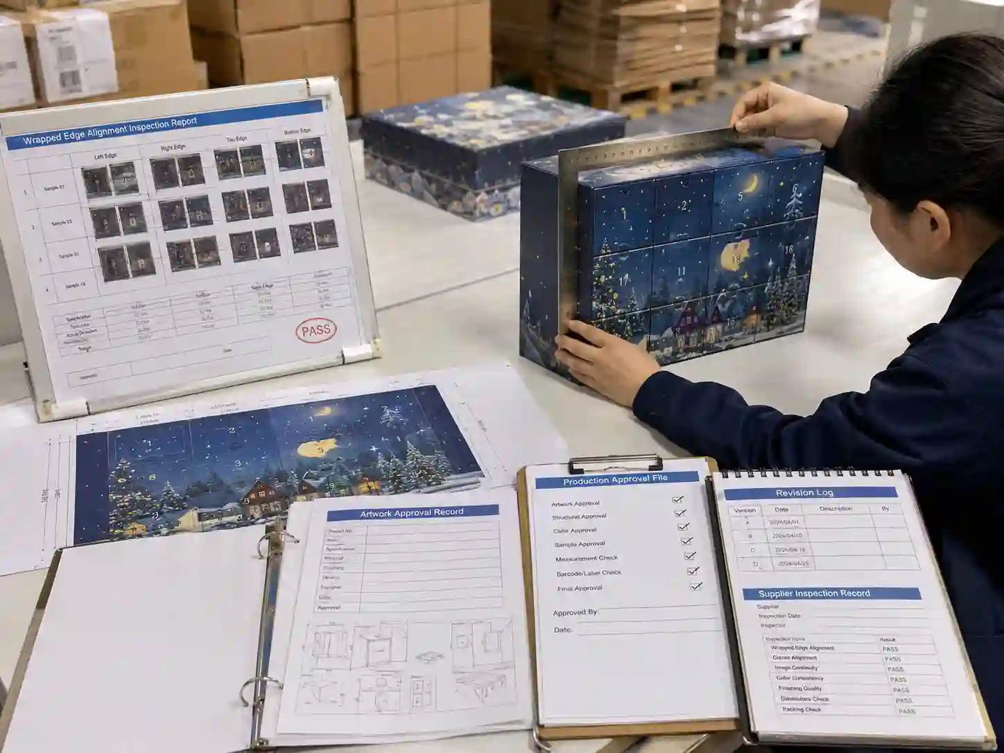 Quality control verification of wrapped box edge pattern alignment before production release.