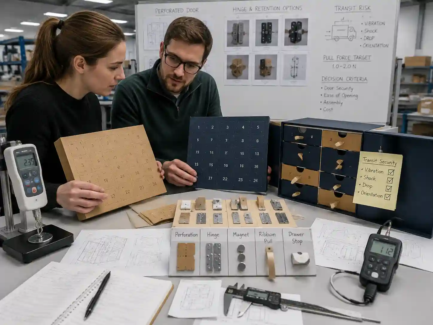 Engineers reviewing perforated advent calendar door retention design with magnets, hinges, and structural testing tools.