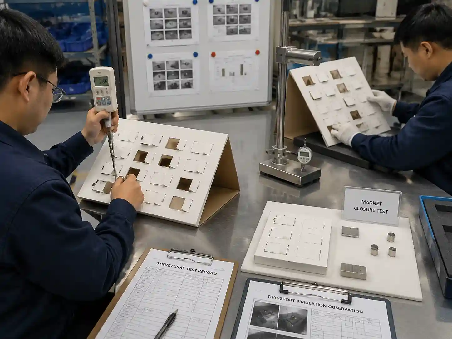 Technicians testing perforated advent calendar door prototypes for closure strength and transport stability.