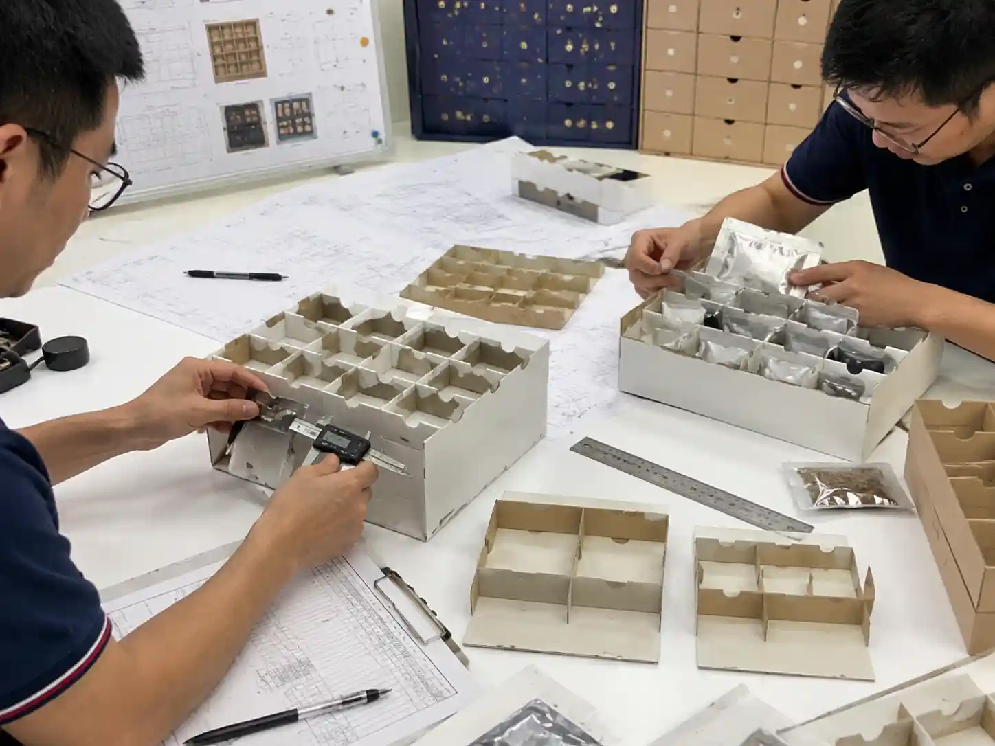 Packaging engineers testing compartment dimensions for flexible pet treat pouches