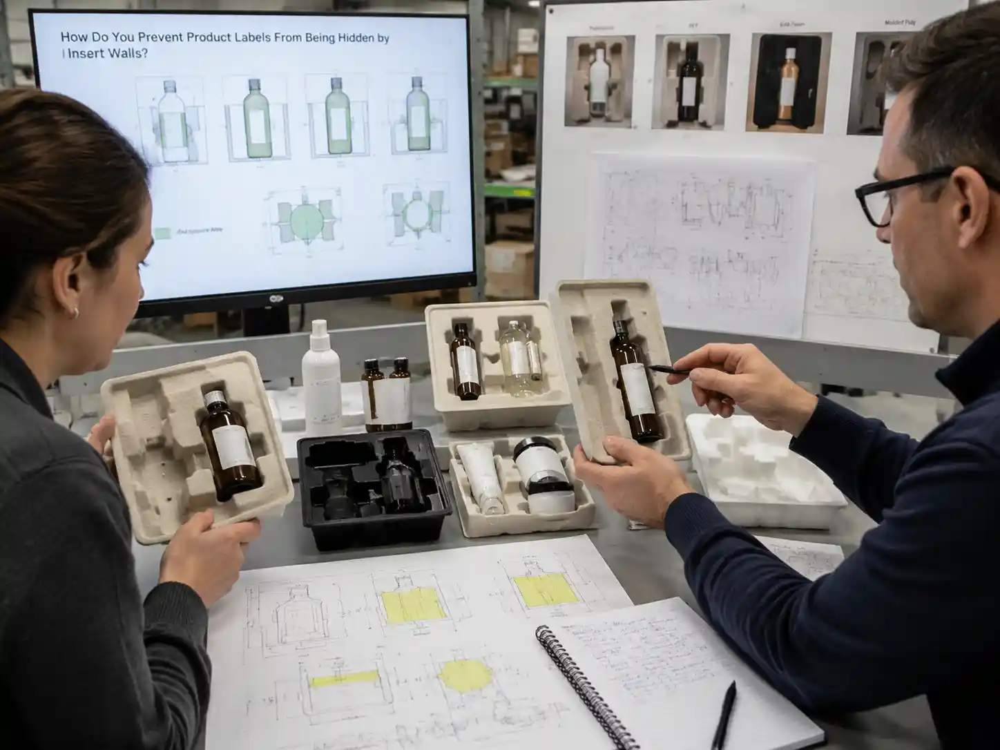 Packaging engineers reviewing insert cavity geometry to improve product label visibility and prevent insert walls from blocking labels.