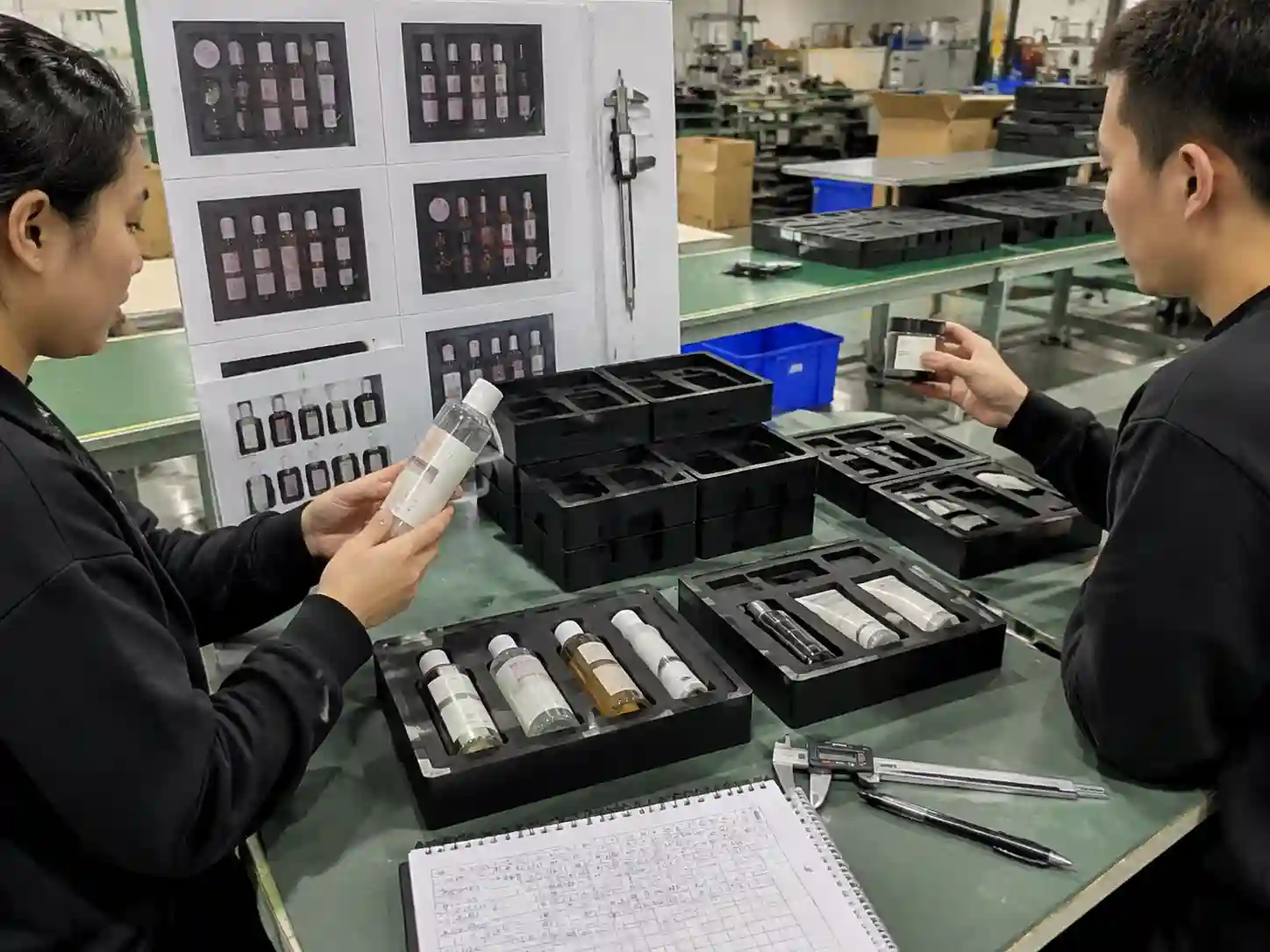 Technicians validating insert prototypes and checking product label exposure during packaging fit testing.