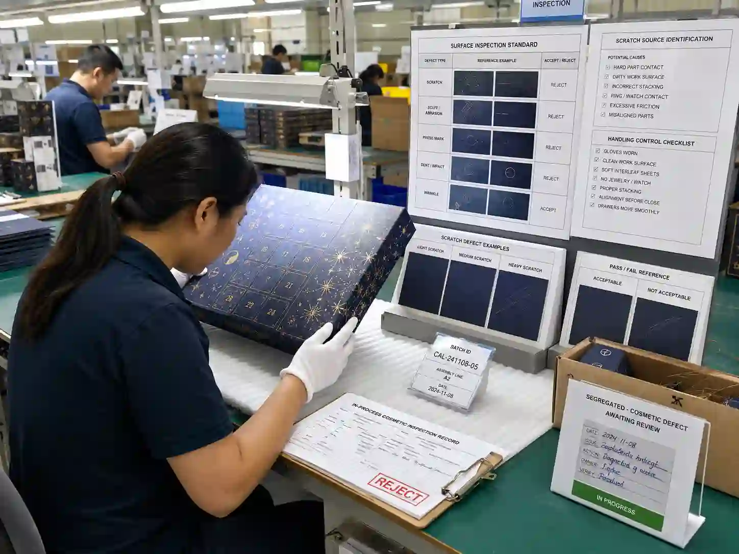QC inspector checking an advent calendar box for scratches during hand assembly and recording the cosmetic inspection result.