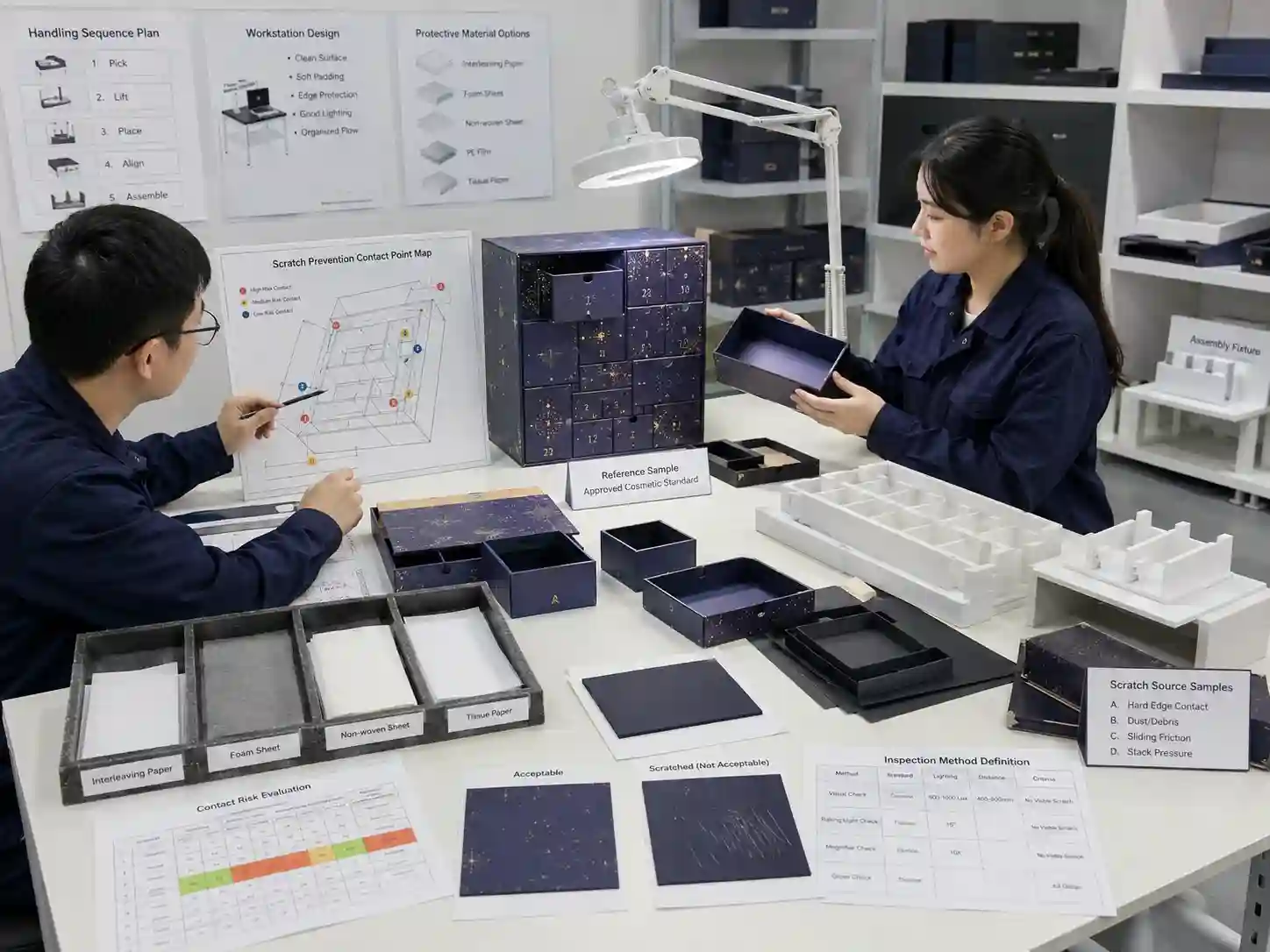 Packaging engineers testing handling methods and surface protection to prevent scratches during advent calendar box assembly.