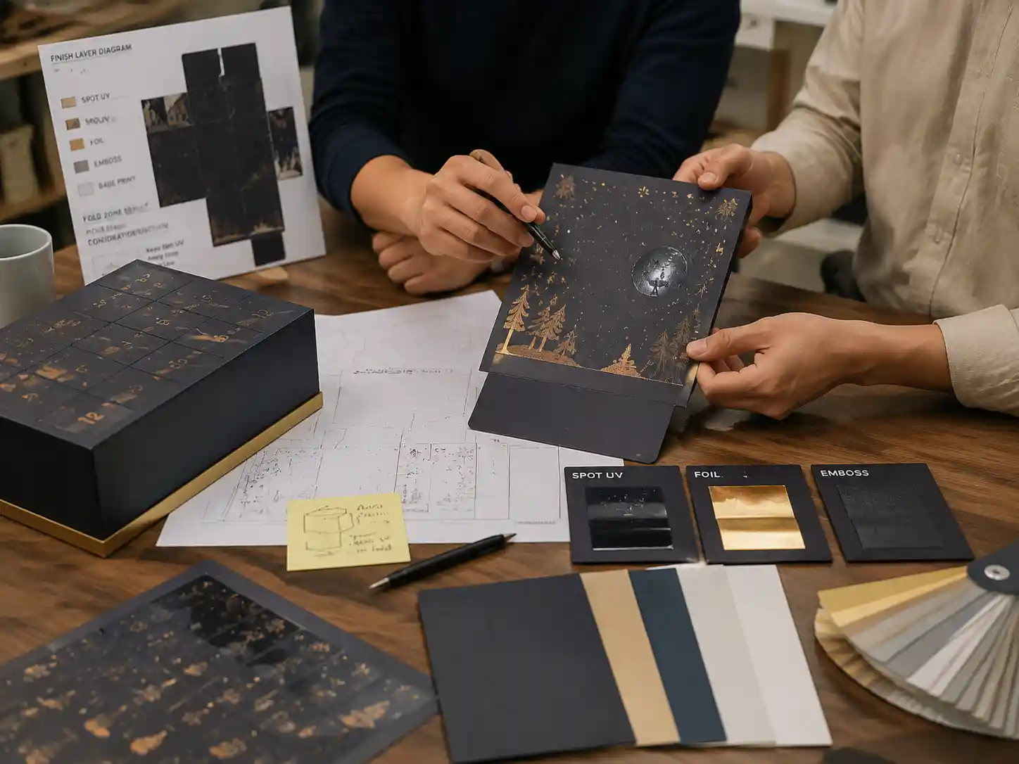 Packaging designers reviewing spot UV fold line cracking prevention samples with finish layers and dielines