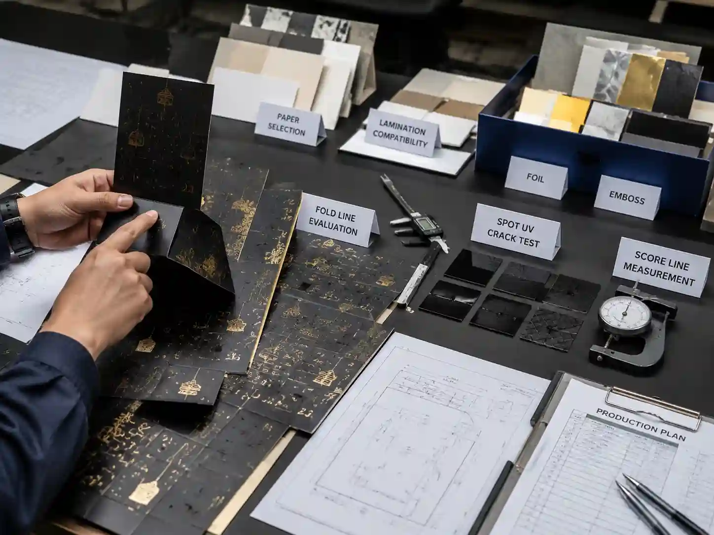 Packaging engineers testing spot UV coating durability on folded panels with measurements and samples