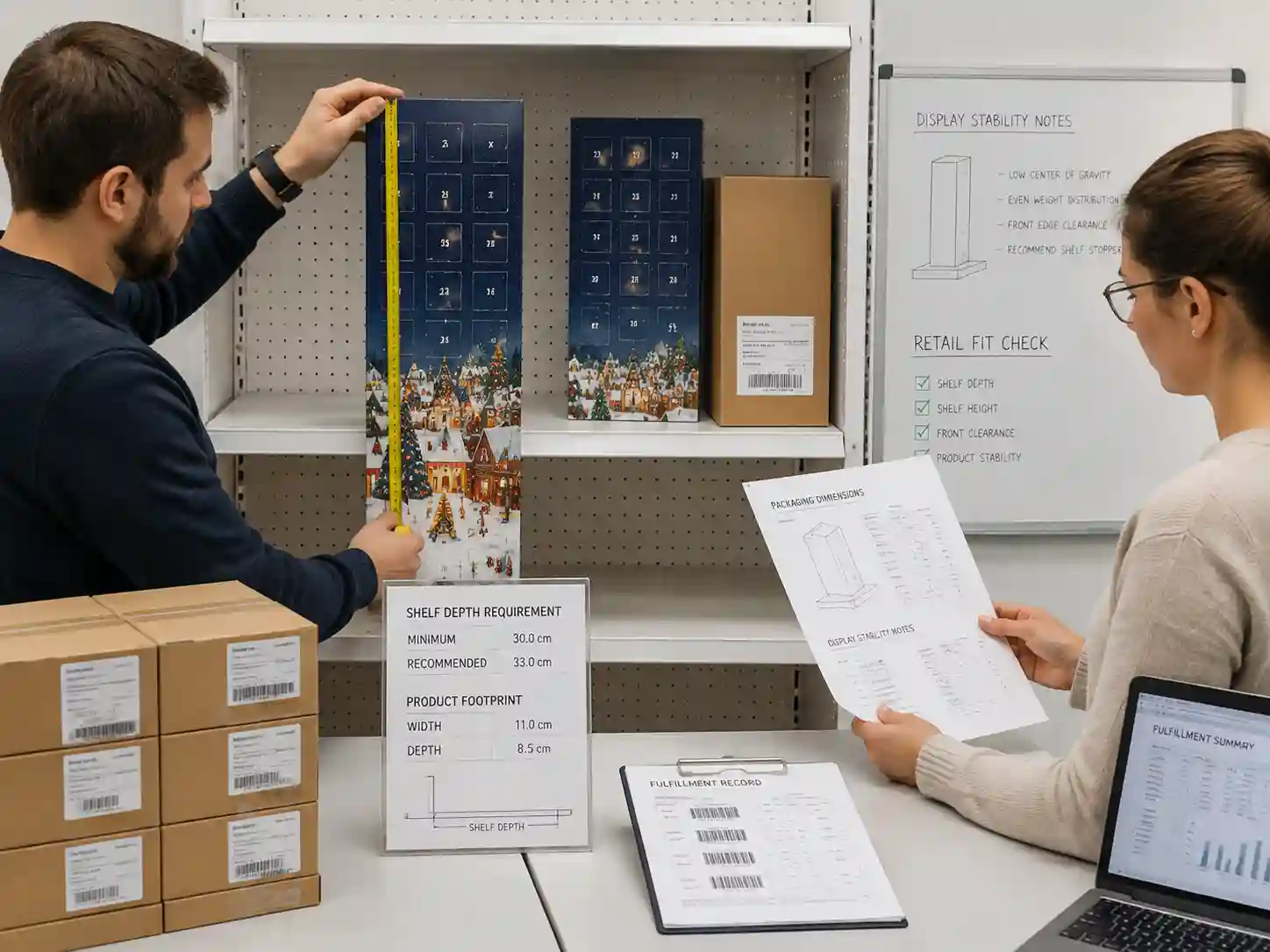 Retail packaging specialists reviewing tall advent calendar shelf stability with shelf measurements, cartons, and fulfillment records.