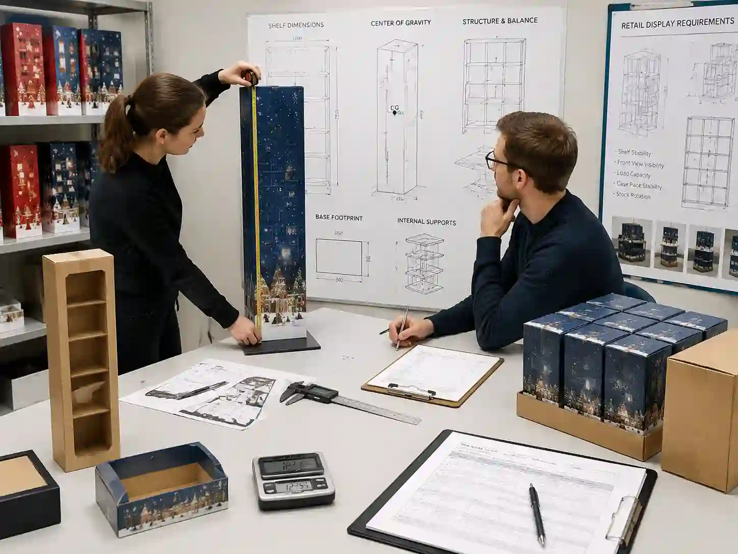 Packaging engineers testing tall advent calendar prototypes with measurements, drawings, and shelf stability checks.