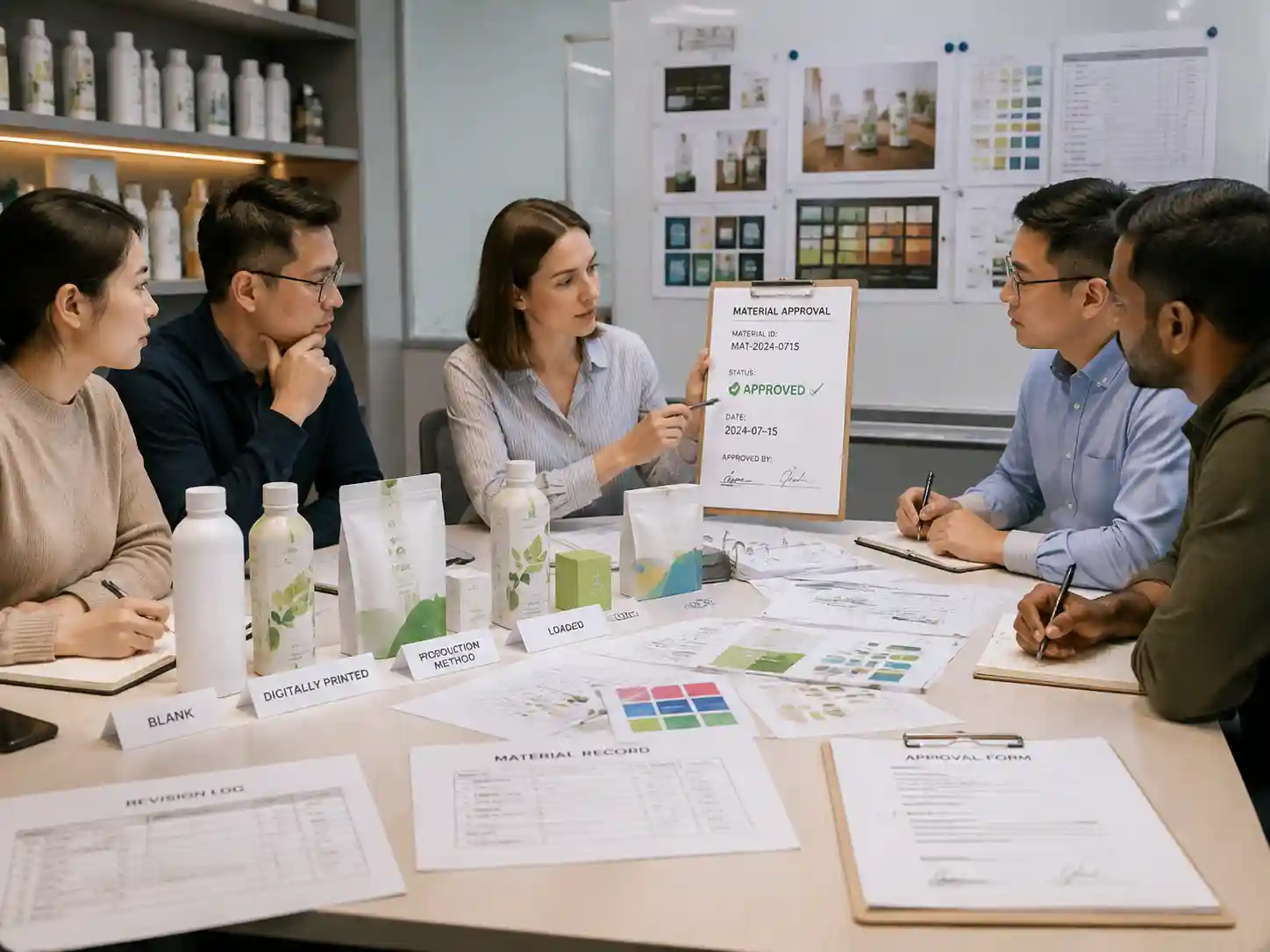Packaging teams reviewing approved material samples and production approval records before bulk manufacturing