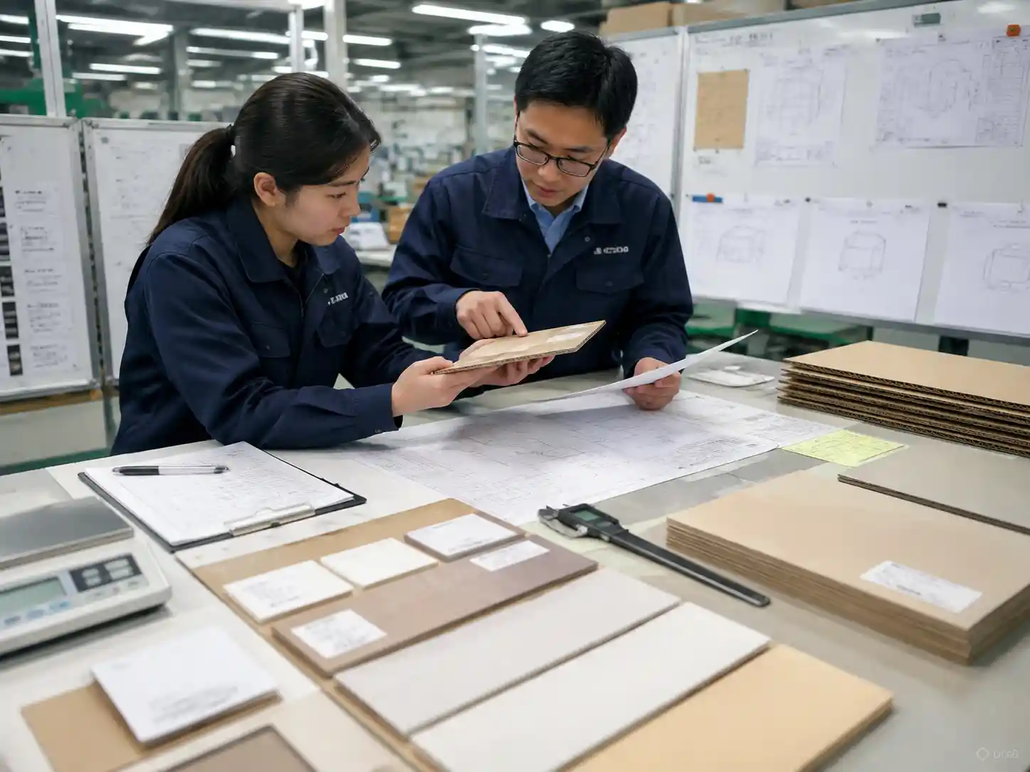 Packaging engineers verifying approved materials with samples, drawings, and production records