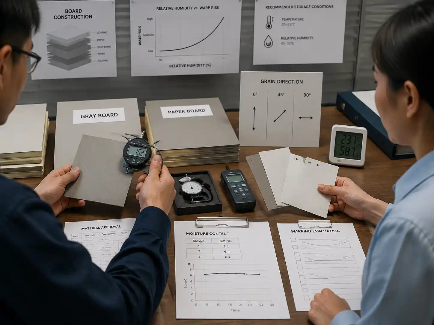 Packaging engineers reviewing greyboard, paper grain direction, and moisture control factors for rigid box warping prevention.