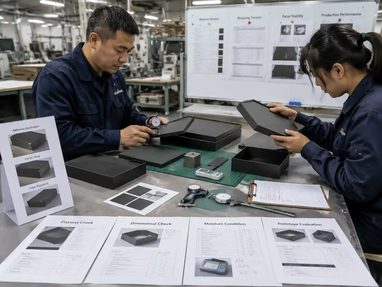 Factory engineering team testing wrapped rigid box samples for flatness and structural stability.