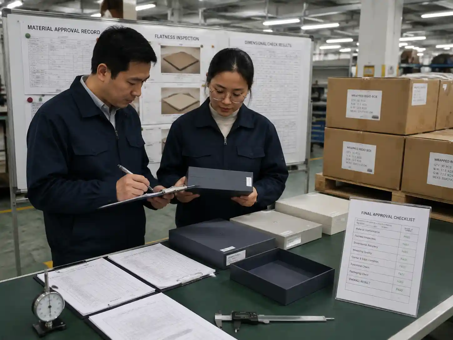 Quality control inspection of wrapped rigid box samples with measurement records and supplier verification documents.