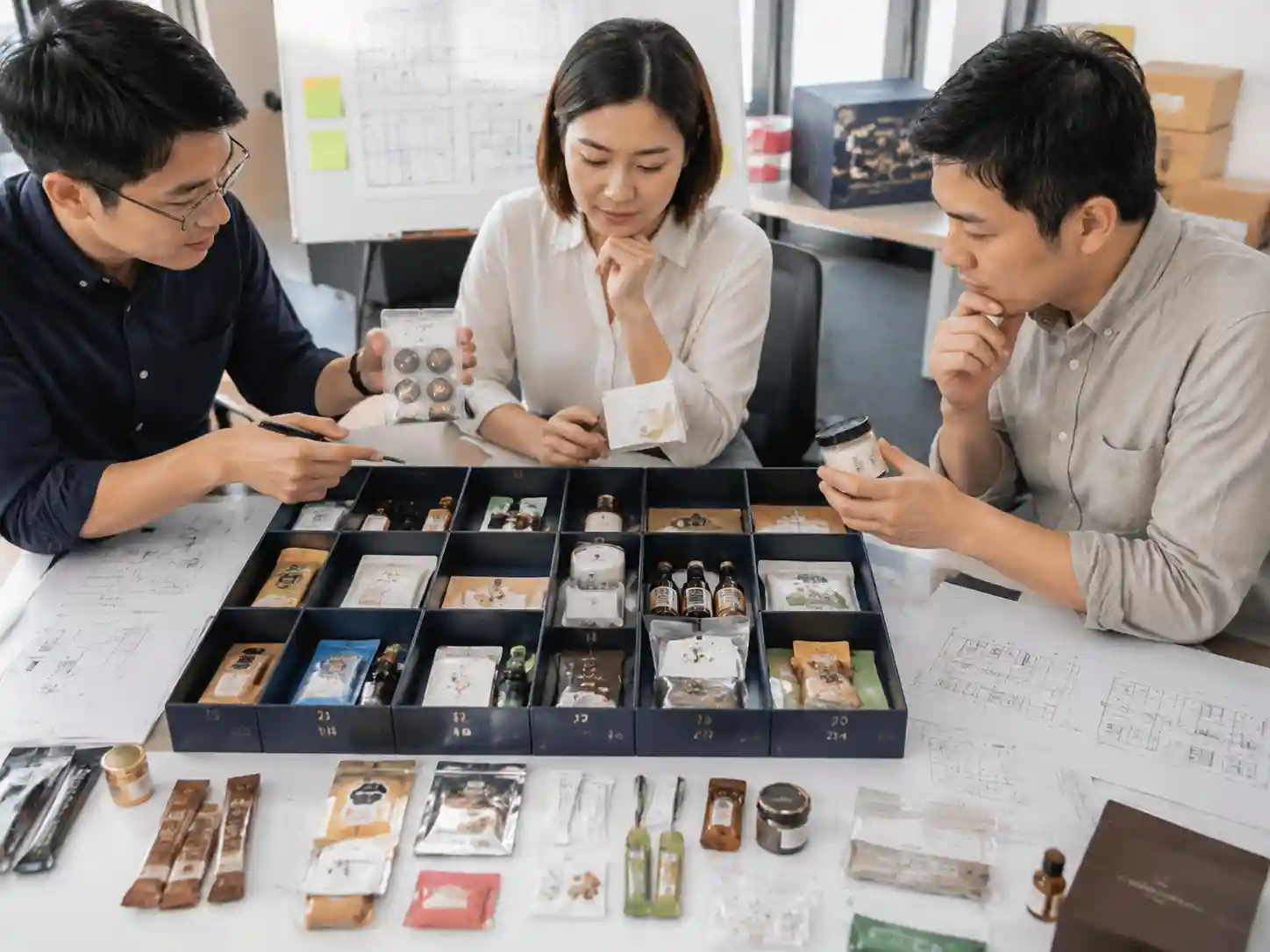 Packaging specialists reviewing primary packaging requirements for mixed product gift calendar categories