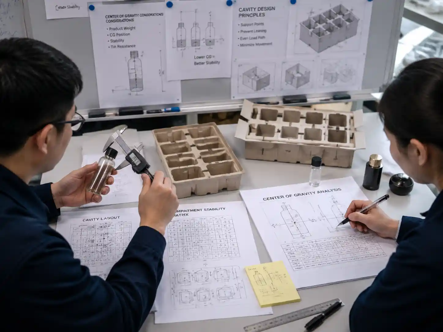 Packaging engineers reviewing product center of gravity insert design measurements and cavity stability requirements.