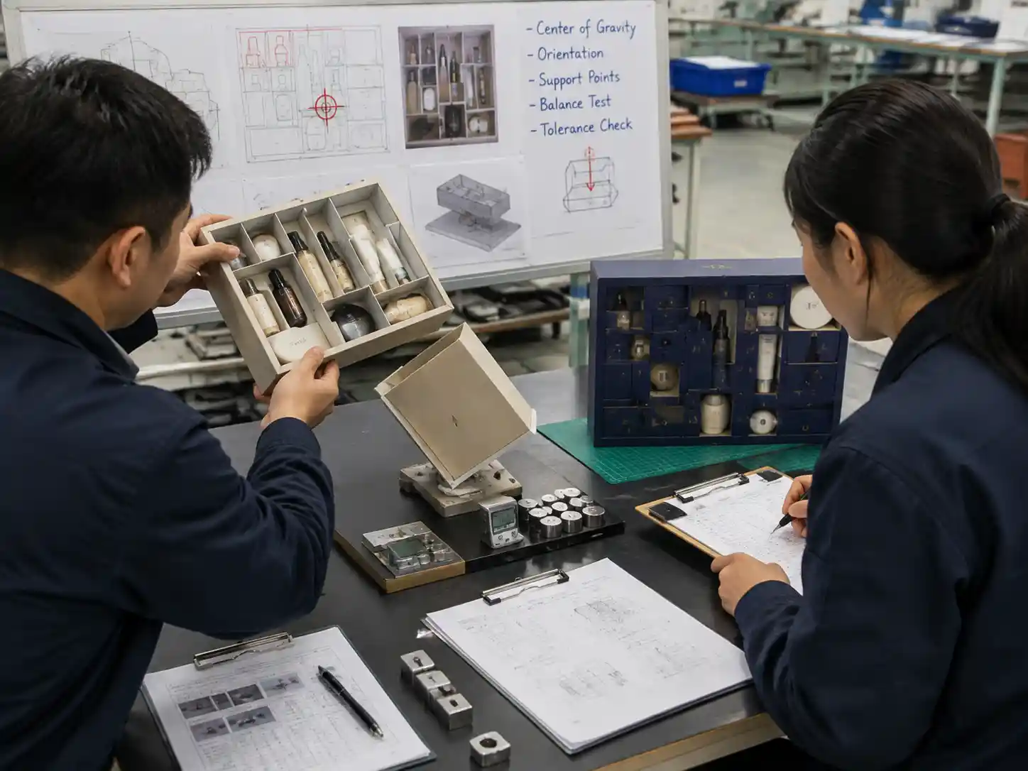 Engineering team testing loaded samples for product center of gravity insert design validation.