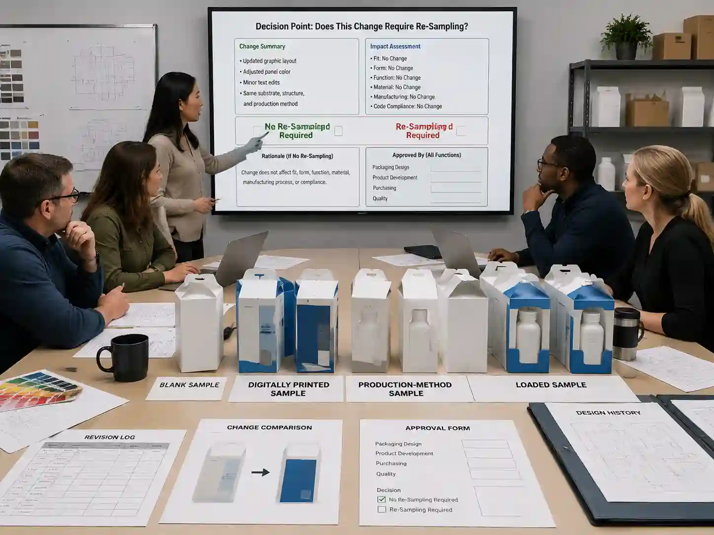 Packaging teams reviewing product change re-sampling requirements with approved samples and revision records