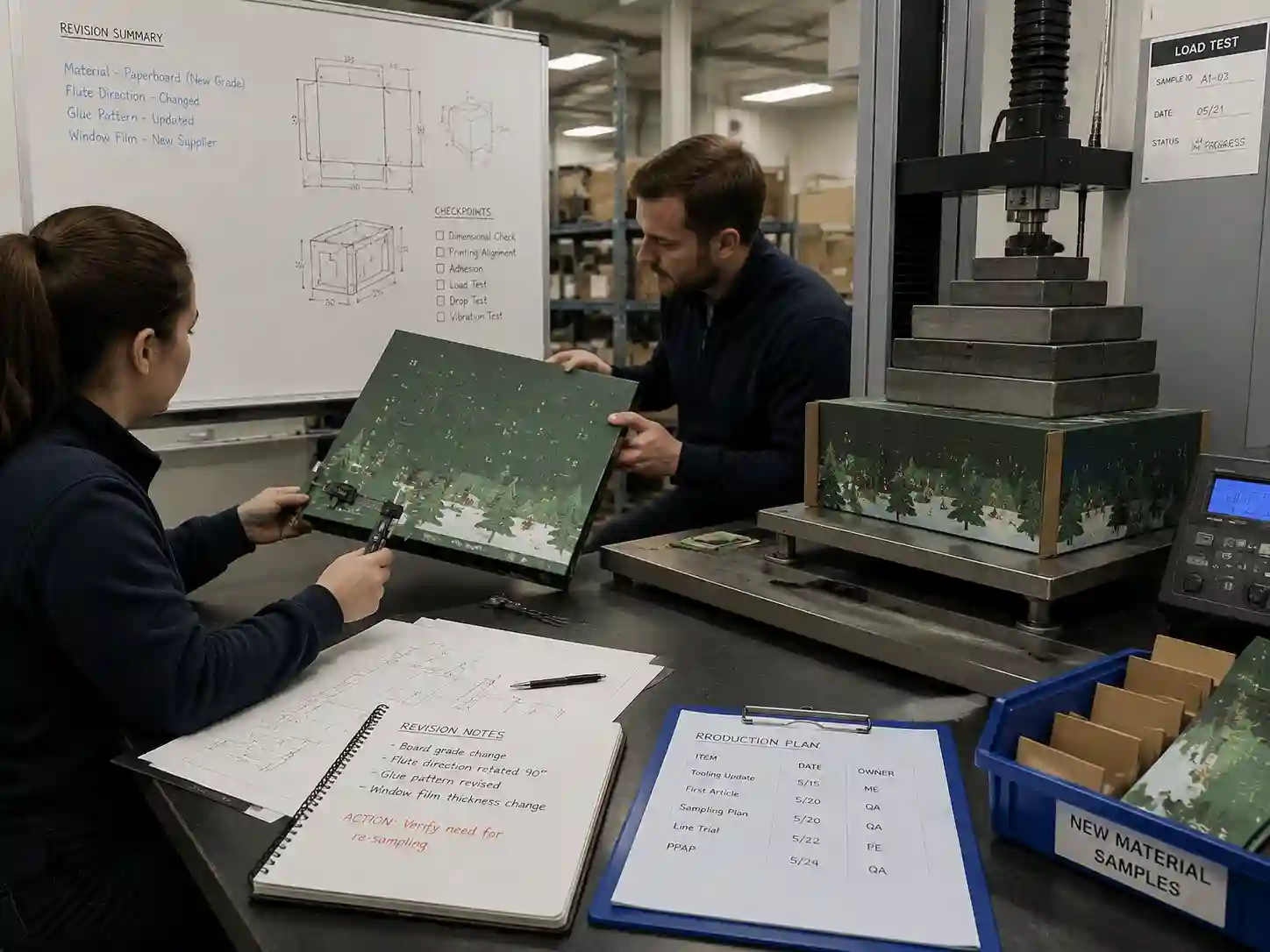 Packaging engineers validating changed samples with measurements and production planning records