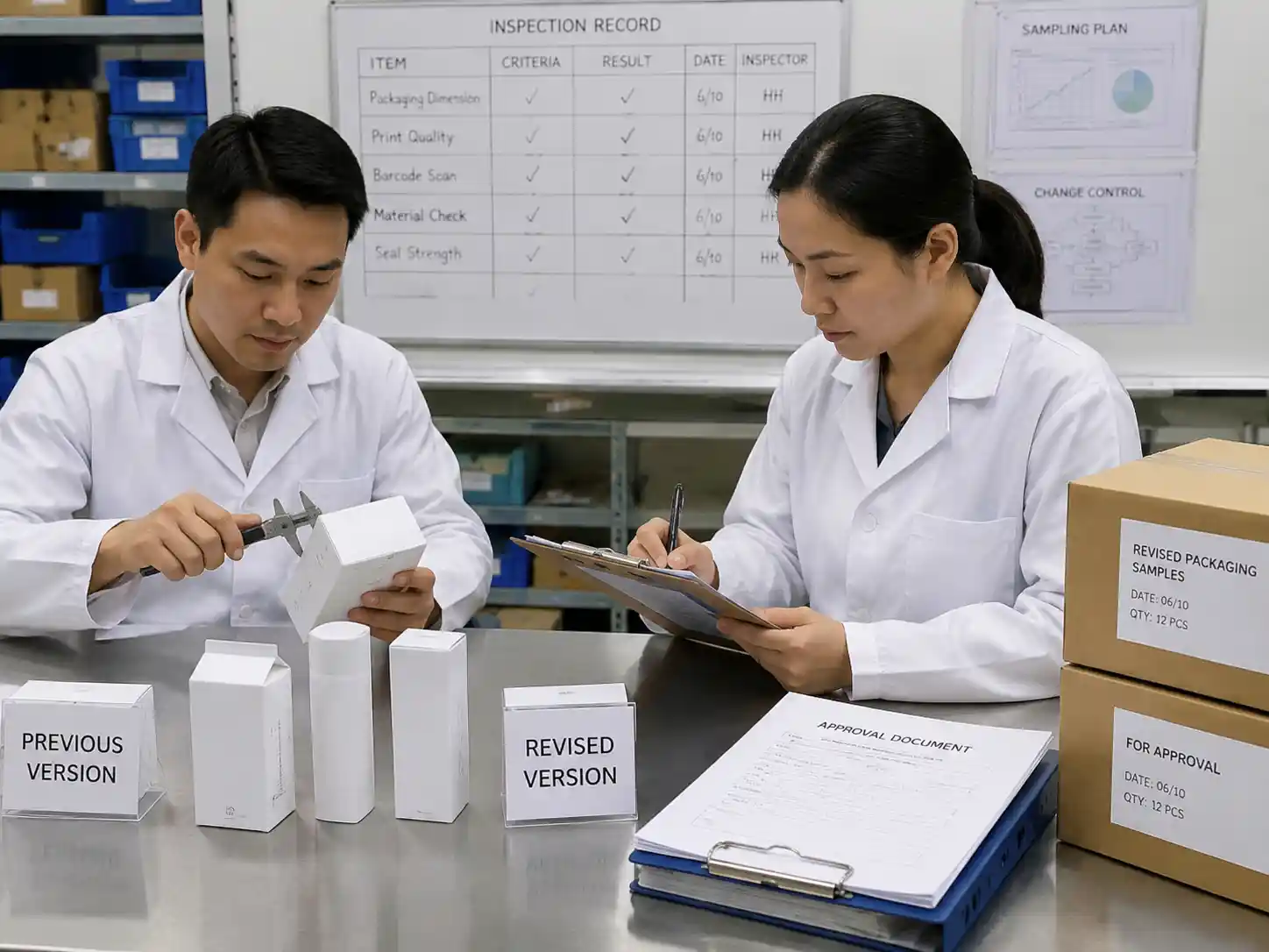 Quality control inspection of revised packaging samples with records and verification documents