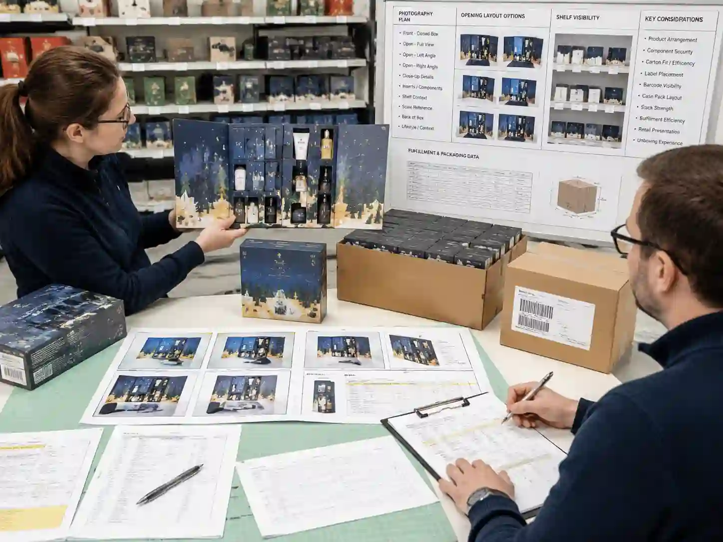 Packaging specialists reviewing advent calendar opening layout and product photography requirements with retail and fulfillment records.