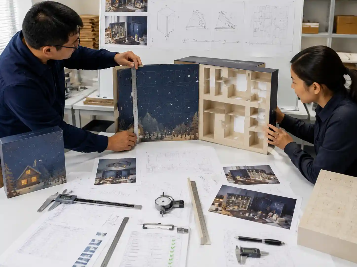 Packaging engineers testing advent calendar opening structure and photography-friendly layout using samples and measurements.