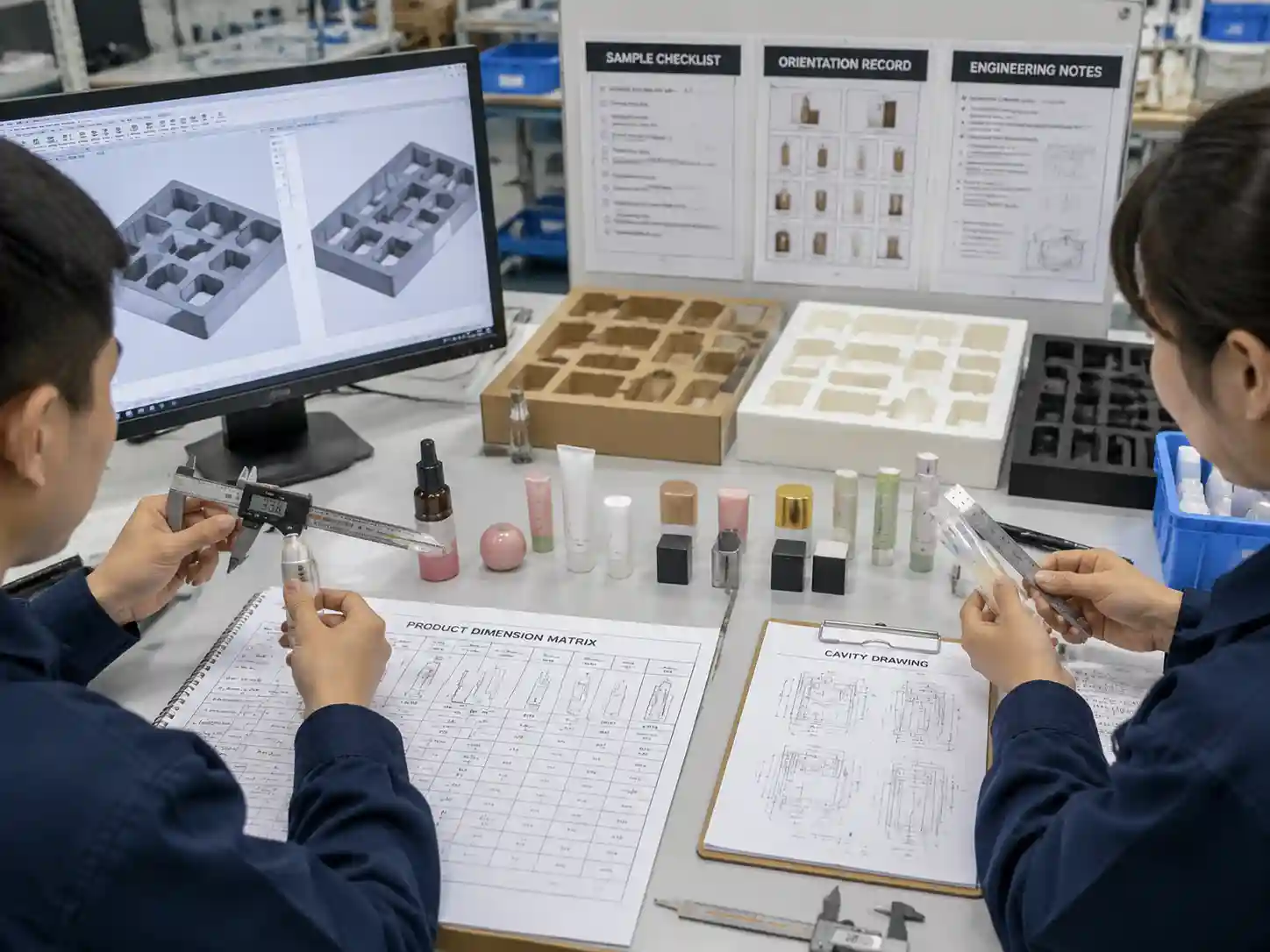 Packaging engineers measuring product samples and reviewing dimension data before final insert tooling