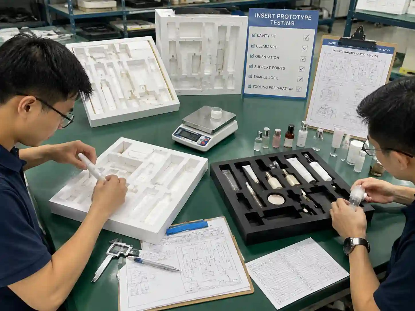 Engineers validating product samples inside insert prototypes before tooling approval