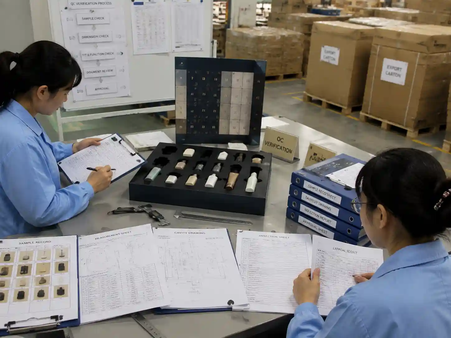 QC staff reviewing product sample records and tooling verification documents