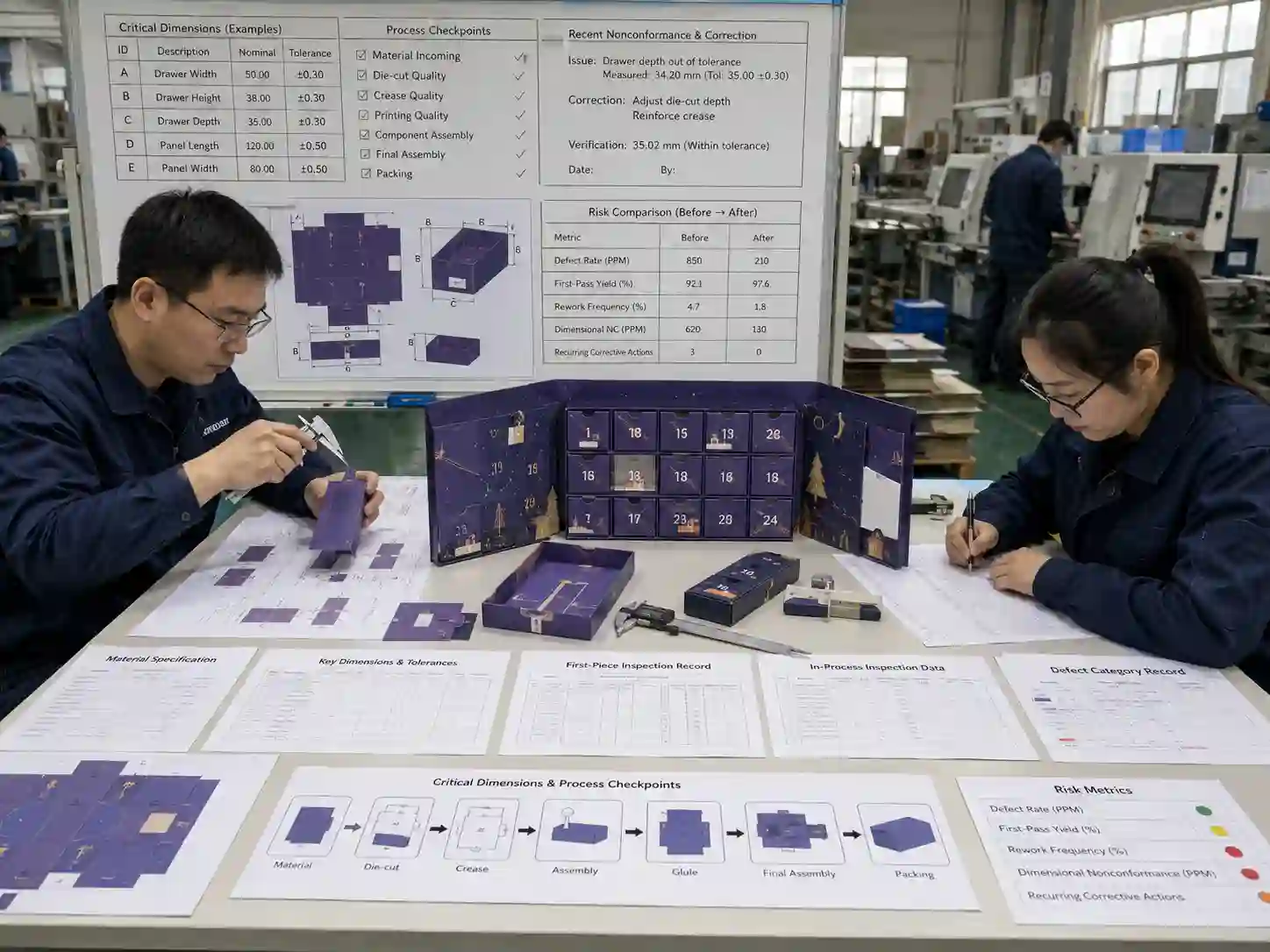 Packaging engineers measuring advent calendar production characteristics and recording risk metrics against controlled drawings.