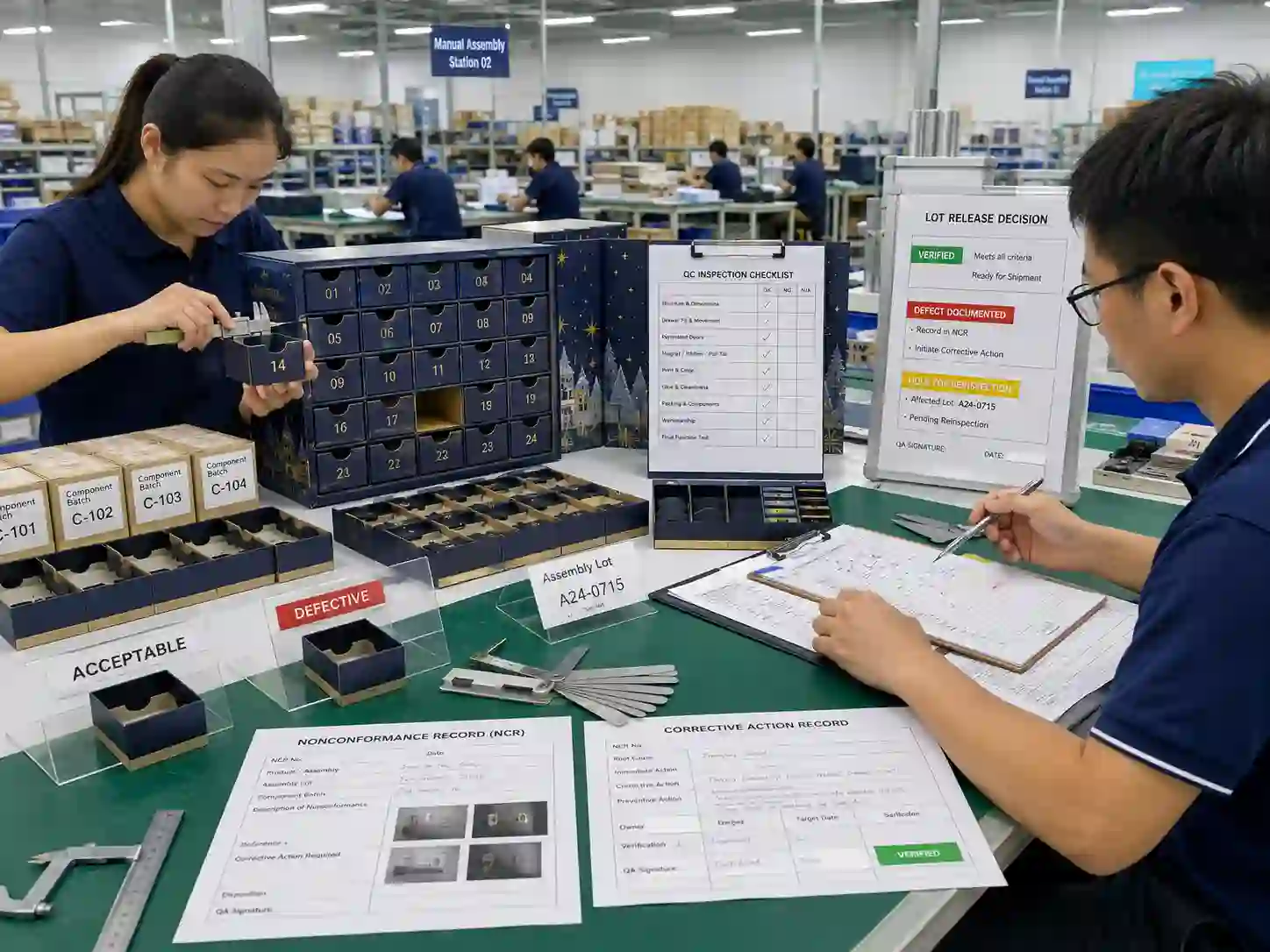 QC inspectors reviewing pre shipment production records, measurements, defects, and lot status for advent calendar boxes.