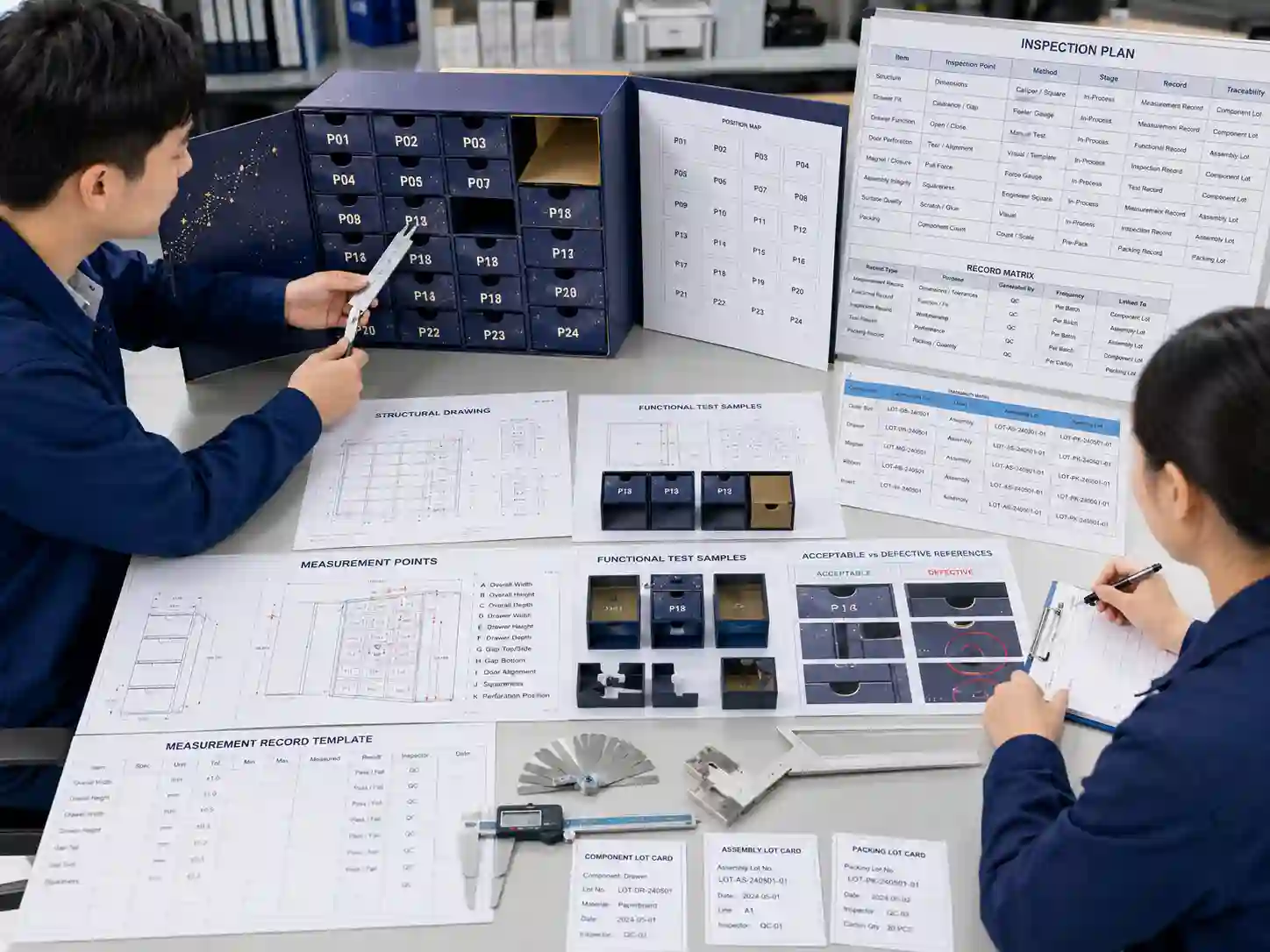 Packaging engineers planning inspection, measurement, functional test, and traceability records for advent calendar production.