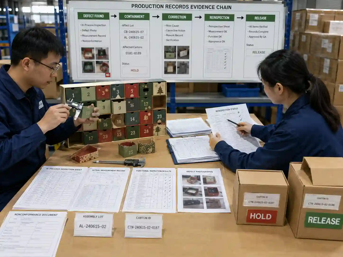 QC staff tracing production records from defect and corrective action through reinspection and shipment release for advent calendar cartons.