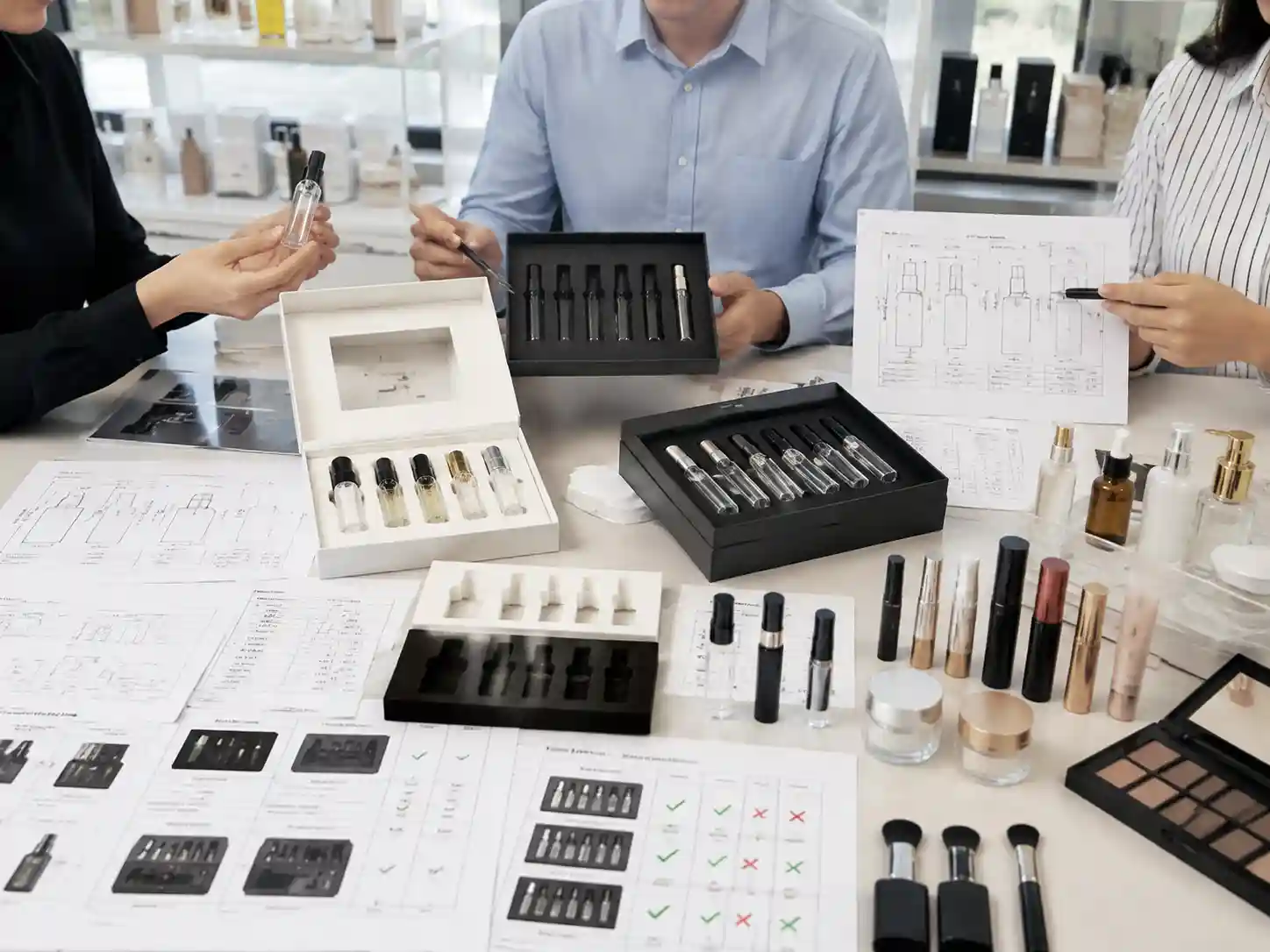 Packaging specialists reviewing perfume atomizer top protection, insert fit, and vial orientation for sample calendars