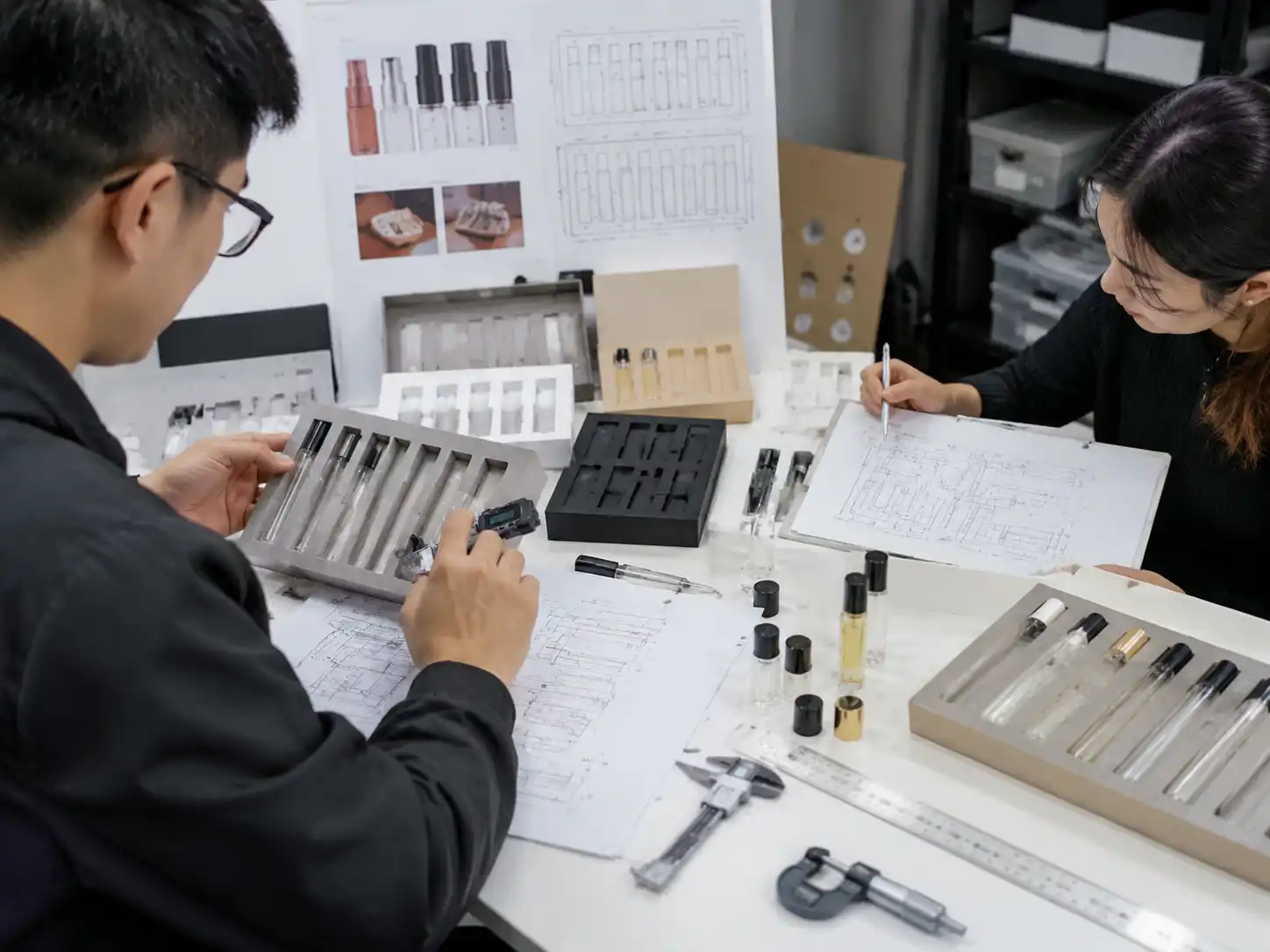 Packaging engineers testing perfume vial inserts and atomizer clearance during sample calendar development