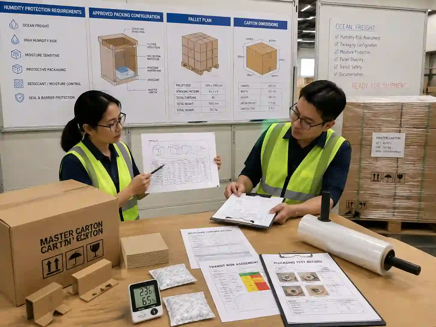Packaging specialists reviewing ocean freight humidity protection methods for advent calendar master cartons and pallets.
