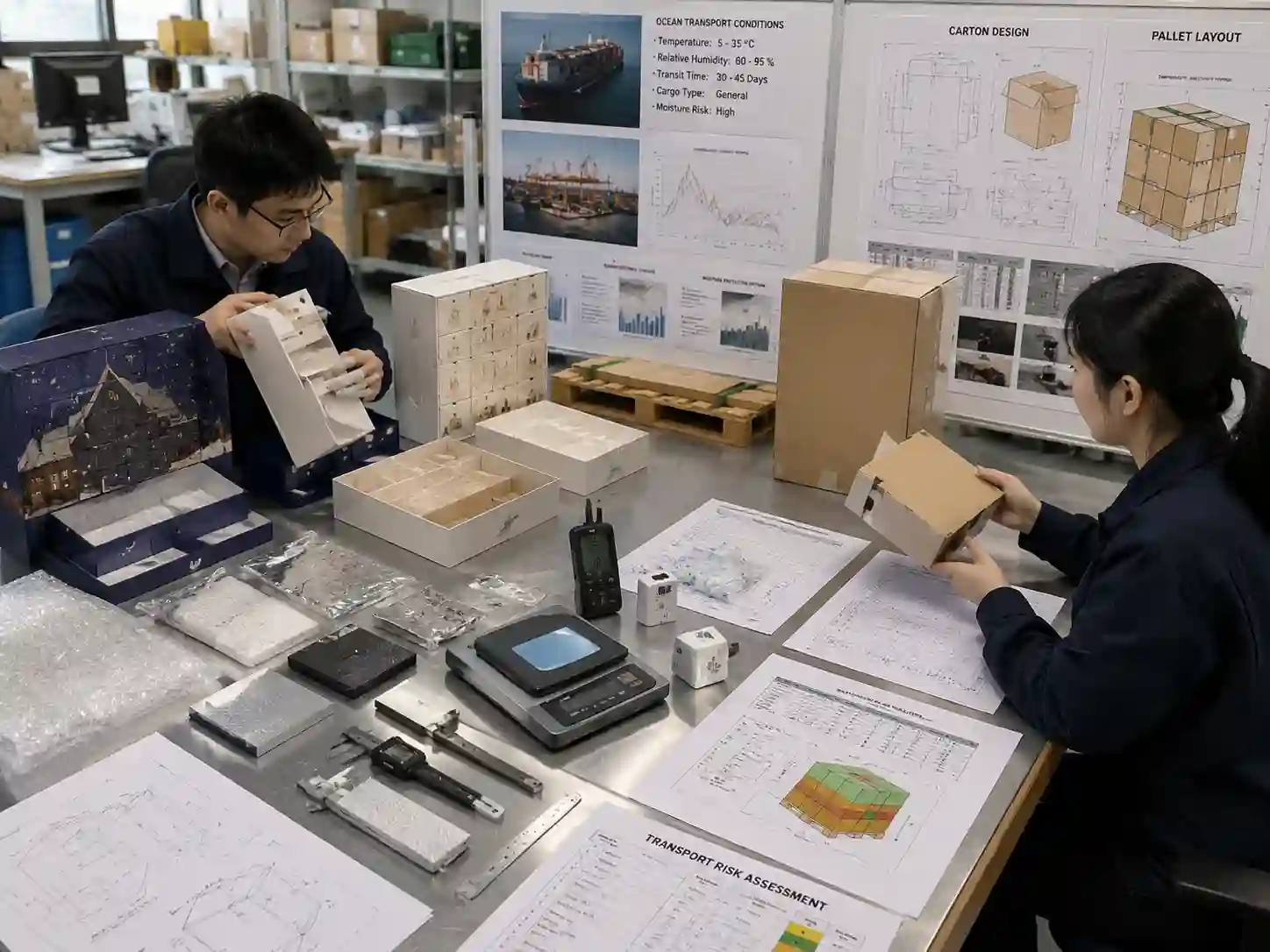 Packaging engineers testing carton and moisture protection solutions for advent calendar ocean freight shipments.