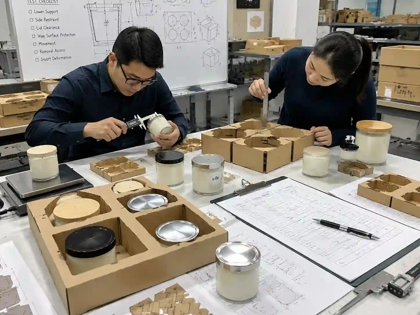 Engineers testing candle jar insert cavities and clearance for transit protection