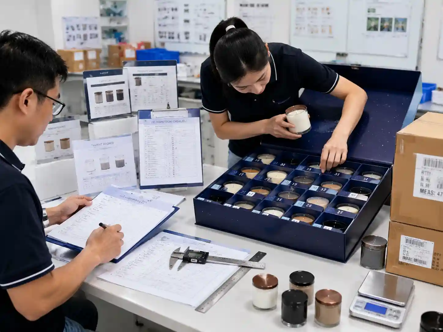 QC inspection of candle packaging fit, lid protection and transit verification records