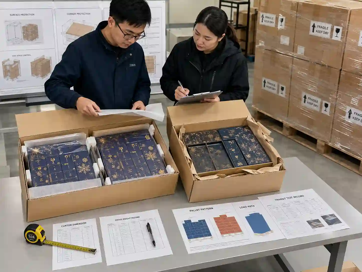 Packaging specialists compare master carton protection for foil and embossed advent calendar surfaces during export packing.