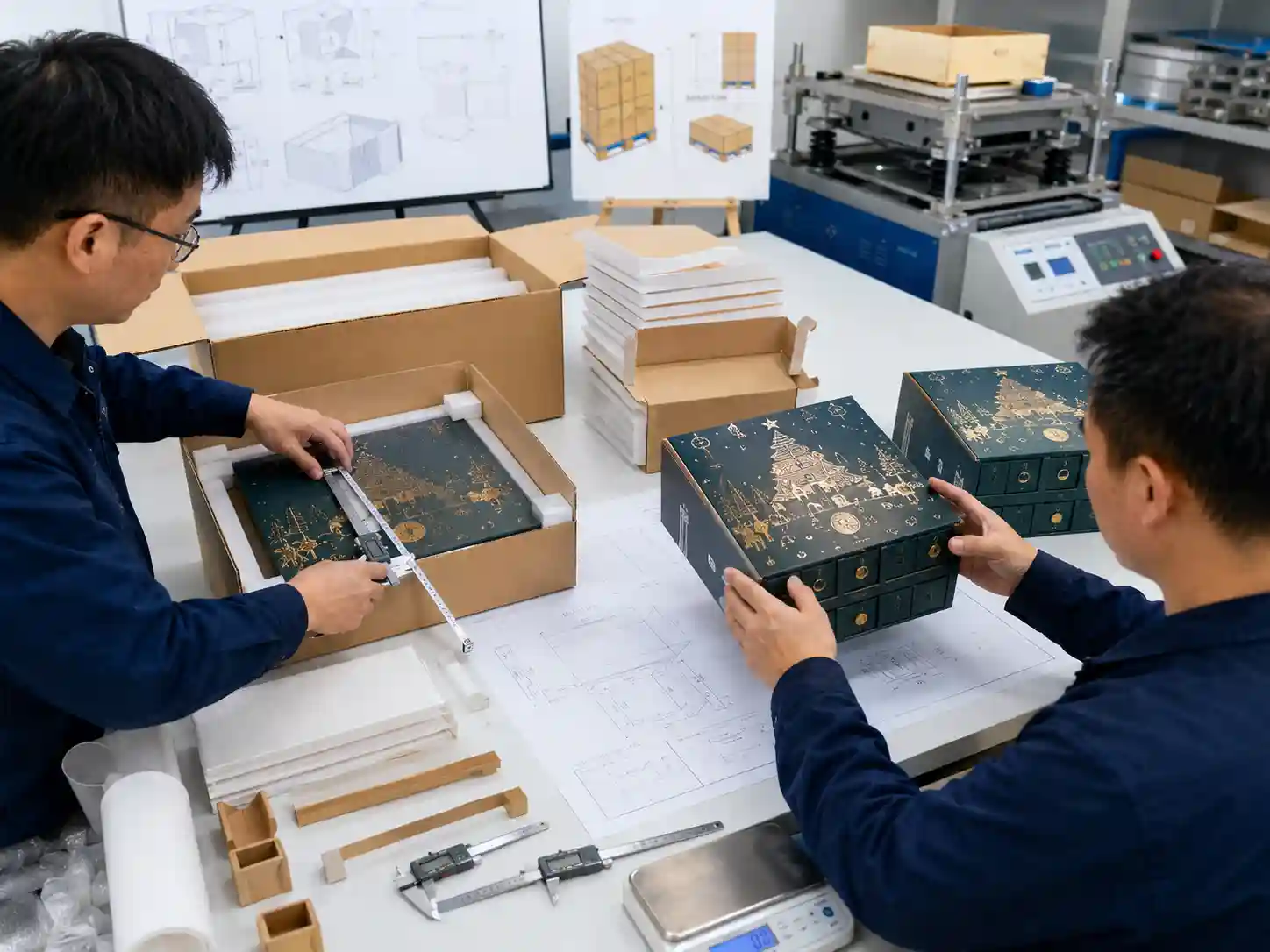Packaging engineers test surface barriers and carton clearance to protect foil and embossed advent calendar boxes in transit.