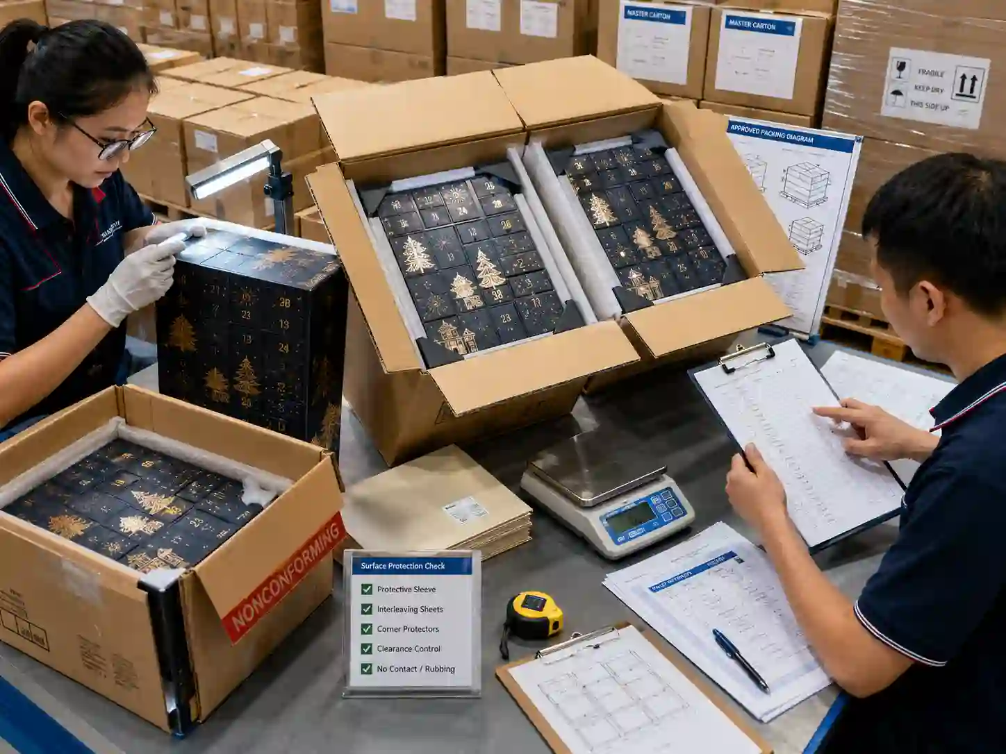 QC staff verify foil and embossed surface protection, carton packing records and pallet specifications before export shipment.